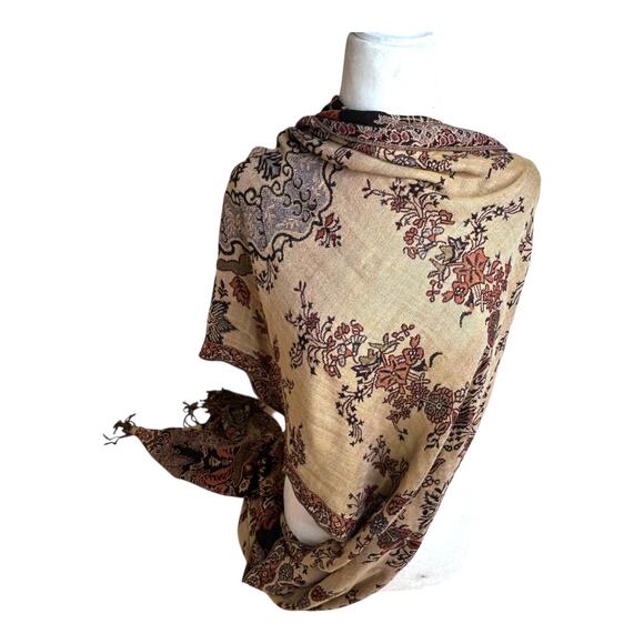 Vintage Black Earth Tones Paisley Pashmina Shawl Scarf with Fringe Tassels - Picture 4 of 5